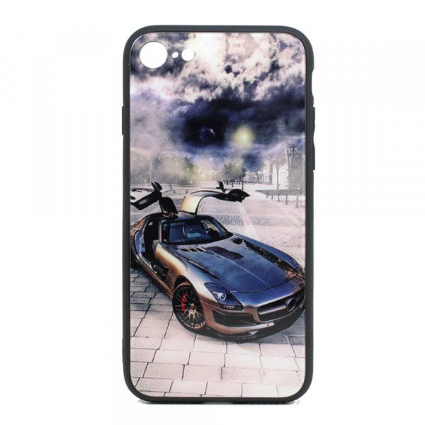 Wholesale iPhone 8 Plus / 7 Plus Design Tempered Glass Hybrid Case (Silver Race Car)